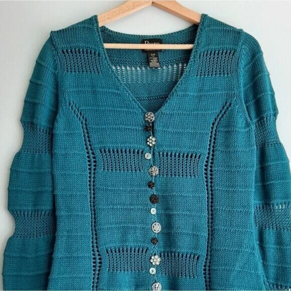 PURE HANDKNIT | Boho Pattern Knit Cardigan Button-Up Sweater Teal Blue Sz S / M - Picture 2 of 13